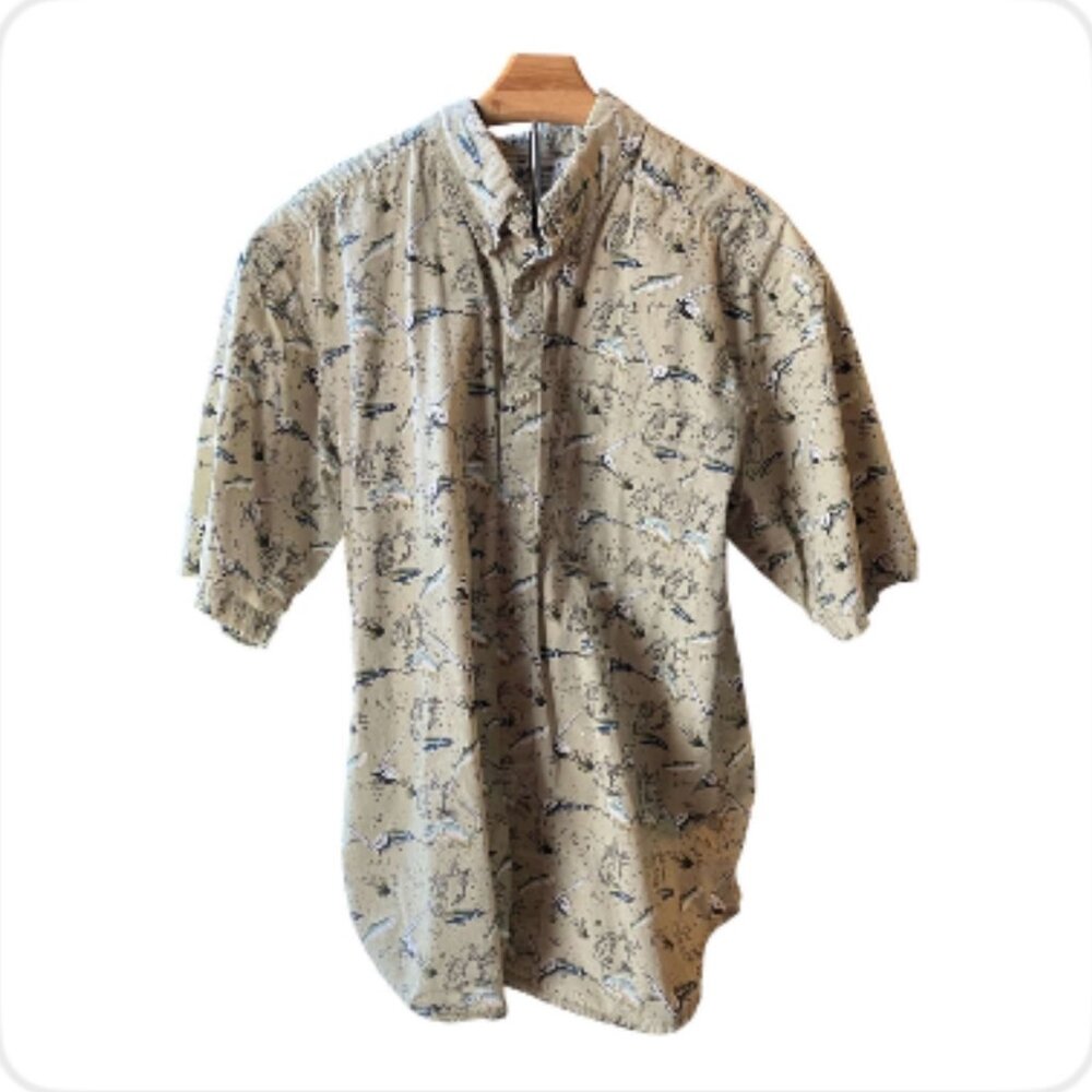 Men's L Columbia Fish Print Button-Up Sportswear Shirt - Rugged Outdoor (2077-1)
